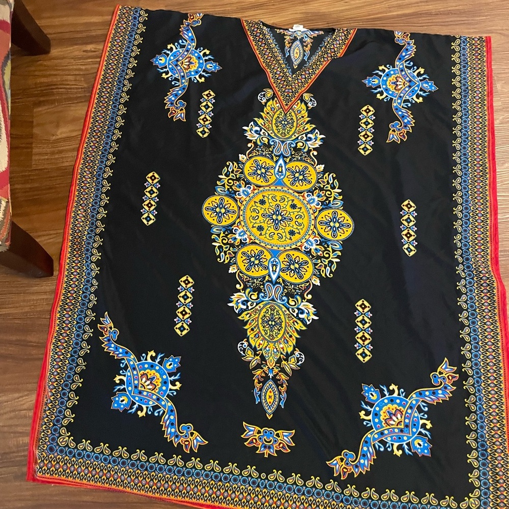 Black Kaftan with Blue and Yellow Paisley Design